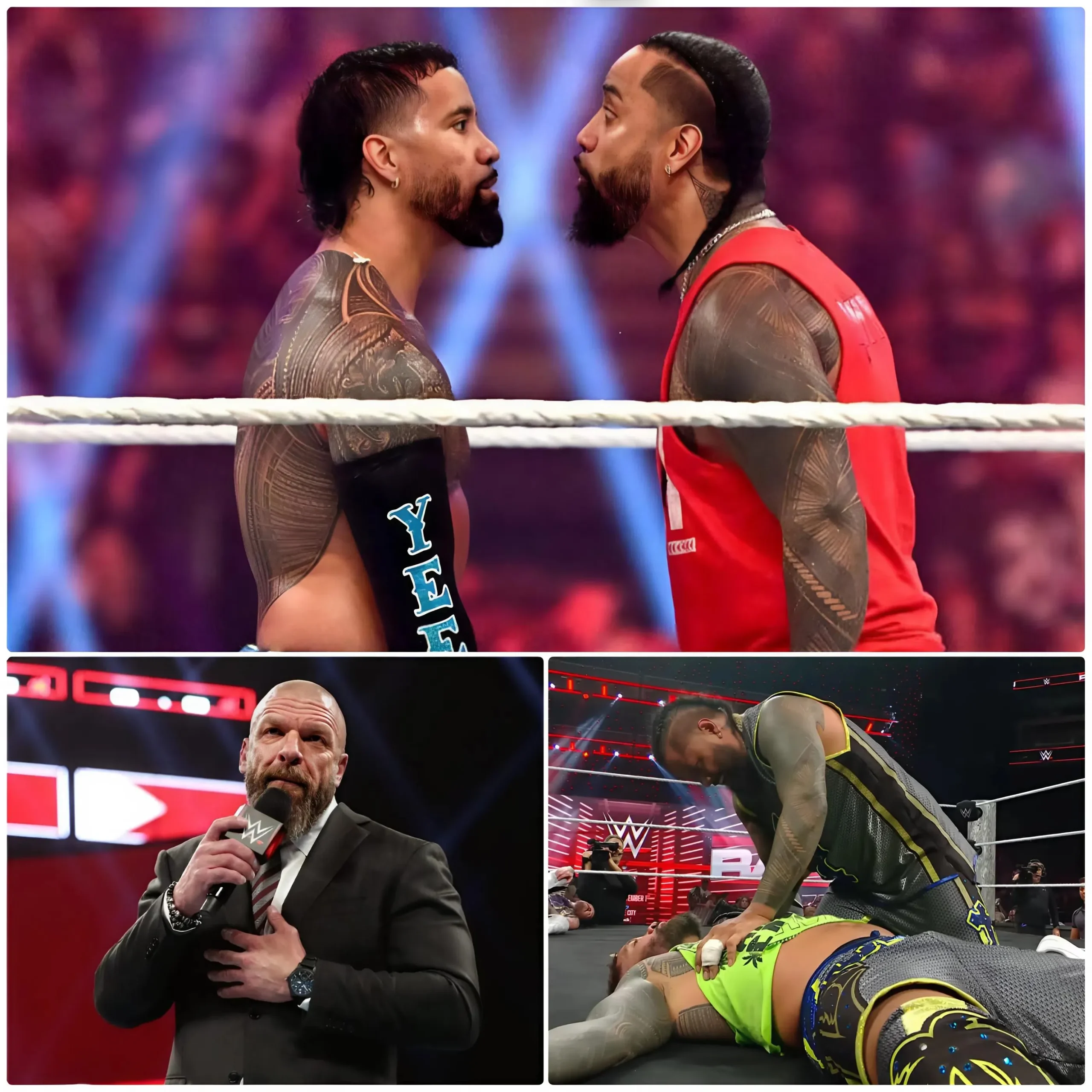 Cover Image for đ„ A SHOCKING BETRAYAL in WWE! Jey Uso took down his own twin brother Jimmy Uso just to win the chance to compete for the world championship! But the tragedy didnât stop there⊠Jey burst into tears on live TV: âIâm sorry brother⊠but the demon of WWE forced me to do this to youâŠ!â EXPOSING a cold-blooded underground plot with Triple H behind the scenes caused the entire WWE world to explode in anger and call for Triple H to be severely punished immediatelyâŠ