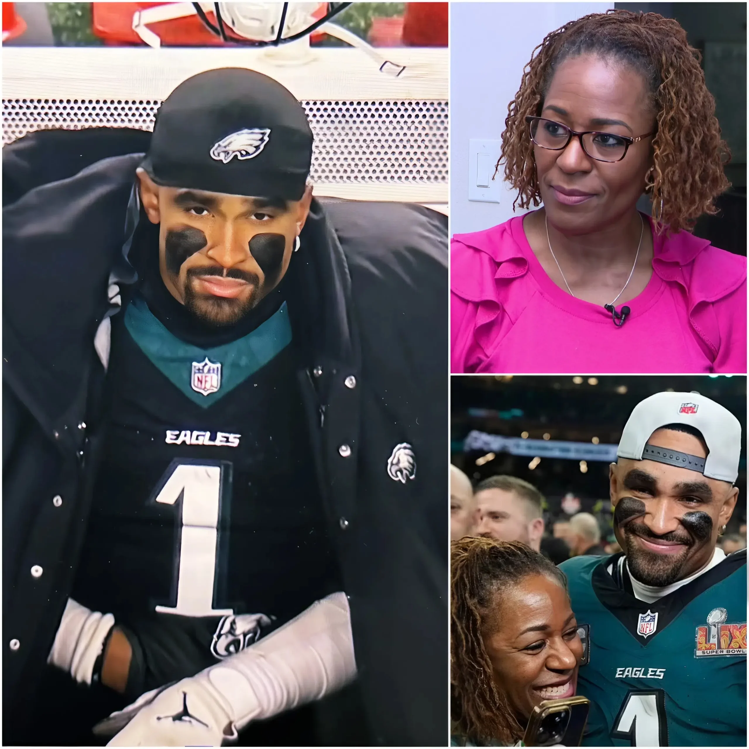 Cover Image for 😥🦅 “My son… he’s been carrying the weight of the entire night sky on his shoulders just to bring glory to this family, to this country…” Under the blinding flash of cameras at the post-game press conference after the Eagles’ devastating loss to the Chicago Bears, Jalen Hurts’ mother suddenly broke down in uncontrollable sobs. Her voice trembled as she began recounting the darkest years. Who would have thought that the same boy once mocked and written off by the entire world would rise from the ashes, dragging his team to the very edge of the Super Bowl in 2024 with a legendary run so dominant it forced everyone to finally see the truth: this world has been brutally unfair to a 27-year-old dripping with talent and unbreakable will.